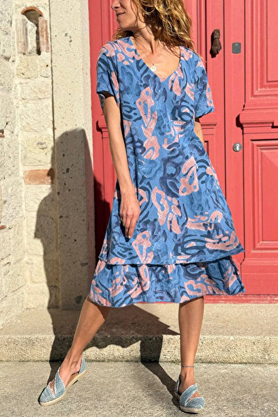 Güneşkızı Ιταλικό φόρεμα με λαιμόκοψη Indigo Kayık, με έθνικ σχέδια, πλενόμεν...