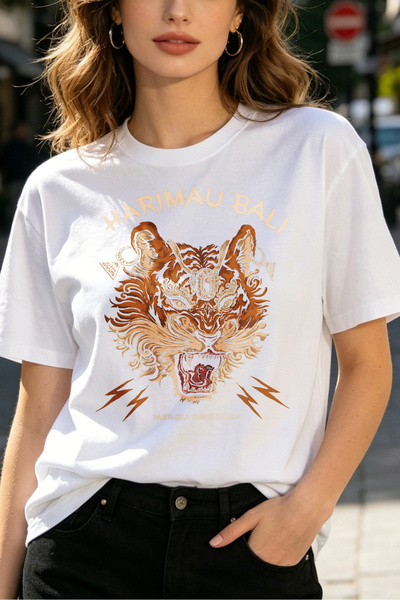 Fleck Womens T Shirts Tiger Print Balinese Style Graphic Design Casual Fashio...