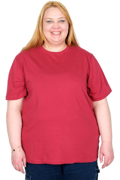ModeXL Mode XL Gerçek Büyük Beden Kadın T-Shırt Likralı Penye 20149 BORDO