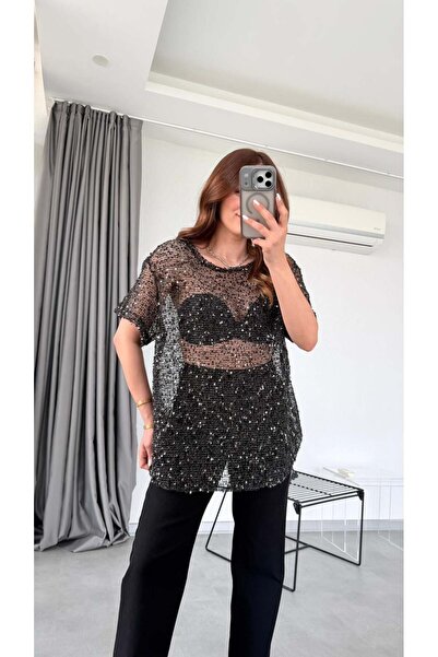 pelin yıldız butik Bluză neagră din plasă cu design victorian Pull