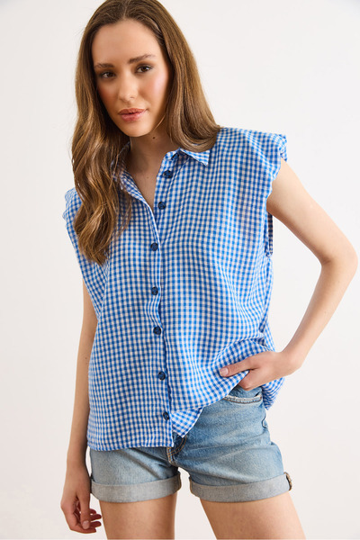 Olalook Γυναικείο μπλουζάκι χωρίς μανίκια με λεπτομέρειες στους ώμους σε μπλε...