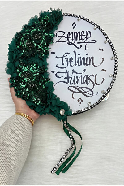ZEYMERADE Zümrüt Yeşili Kaligrafi Gelin Tefi 32cm, Vip Güpürlü, Parlak Taş Ve...