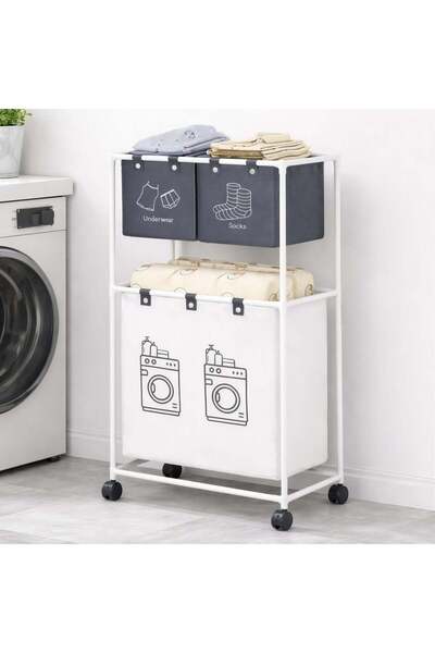 hey Coș de rufe cu 2 niveluri 95 x 55 x 25 cm, Organizator de haine cu 3 comp...