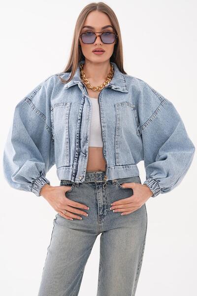 ŞİMAL Γυναικείο κοντό τζιν μπουφάν με μανίκια μπαλόνι 260545