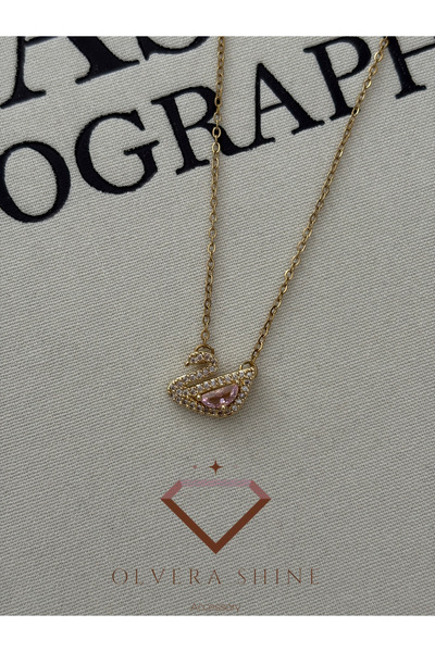 olvera shine 316L Çelik Zirkon Taşlı Pembe Taşlı Kuğu Kolye Gold/45 cm