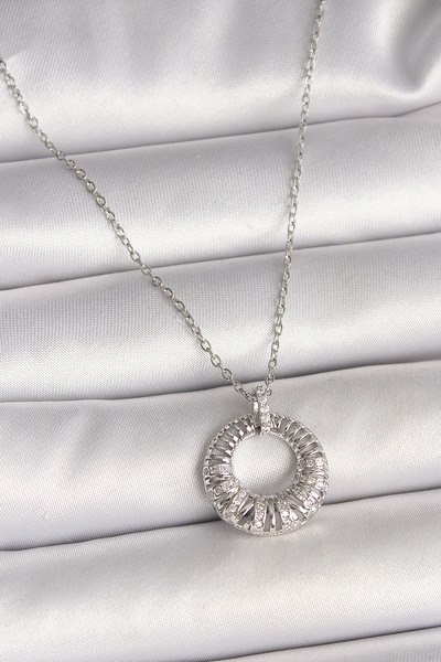 silky glows 316L Steel Silver Color Chain Circle Model Zircon Stone Women's N...