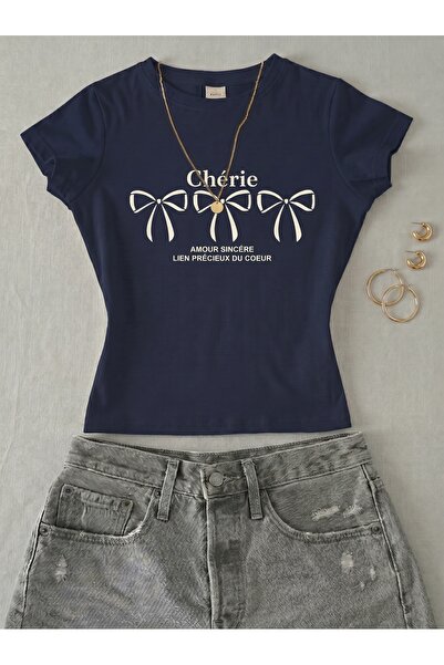 NİCE Γυναικείο νέο μπλουζάκι με στάμπα με κορδέλα Cherei - Κοντομάνικο μπλουζ...