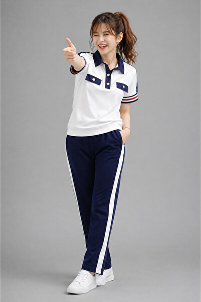 Velista Women's Modal Fabric Striped Polo Collar Sports Tracksuit Set