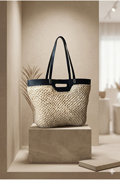 Luminos Butik Μπεζ ψάθινη τσάντα με δερμάτινο επάνω μέρος CNT1151