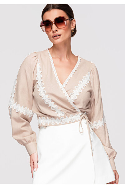 OMBRE Γυναικείο Μπλουζάκι Wrap OW-TS-E0033 – Μοντέρνα Μπλούζα με Δέσιμο Μπεζ