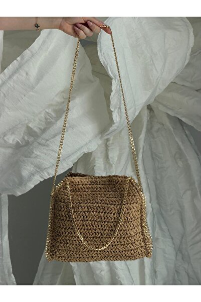 Luminos Butik Ψάθινη τσάντα Camel με λουράκι αλυσίδας CNT1118