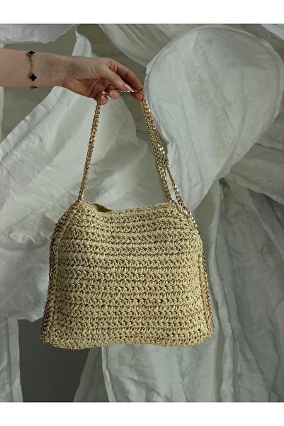 Luminos Butik Μπεζ ψάθινη τσάντα με λουράκι αλυσίδας CNT1118