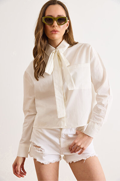 Olalook Γυναικείο λευκό βαμβακερό πουκάμισο με λεπτομέρεια στο λαιμό GML-1900...