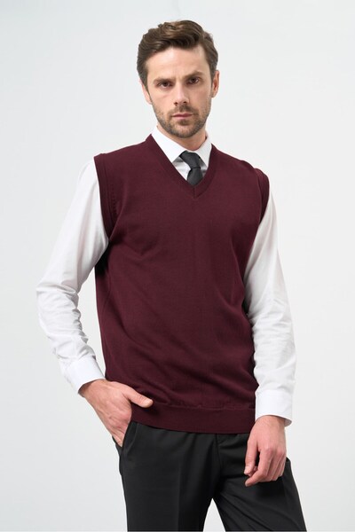İmza Burgundy V-Neck Pocketless Slim Fit Classic Wool Knitwear Sweater 101225...