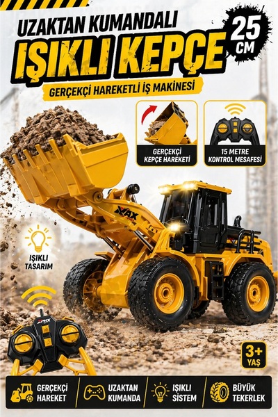 YILDIRIM OYUNCAK Uzaktan Kumandalı Işıklı Kepçe 25 cm – Şarjlı RC İş Makinesi...