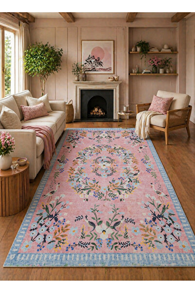KİLİMİSTAN Gardenya Pembe Çiçek Desenli Kilim Kaymaz Dokuma Taban Yıkanabilir...