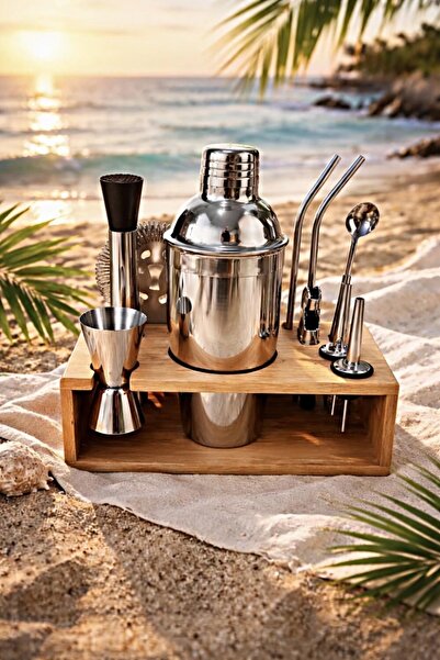 Professional Cocktail Preparation Set - 12 Pieces 750 Ml Shaker with Wooden Stand
