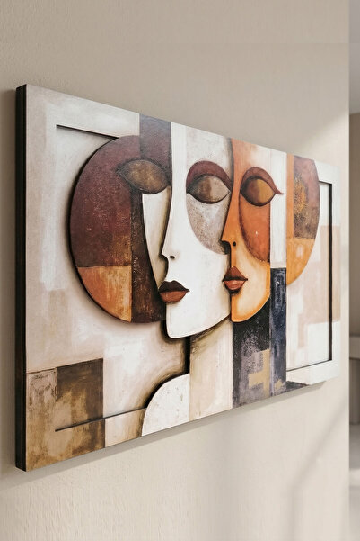 koaka Duo - Soyut İkili Figür Temalı 3 Katmanlı Ahşap Duvar Tablosu 40x68 cm