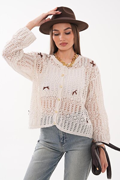 ŞİMAL Women's Bow Detailed Button Closure Knitted Cardigan 260547 -