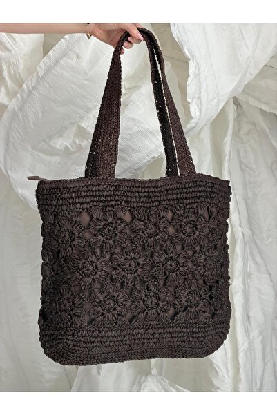 Luminos Butik Καφέ ψάθινη τσάντα με λεπτομέρεια από πλέξη λουλουδιών CNT1185
