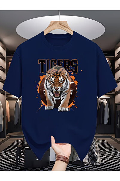 LAVİTTA تي شيرت قطني كبير الحجم مطبوع عليه TIGERS برقبة دائرية