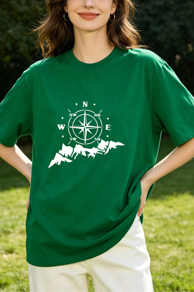 Fleck Womens T Shirts Compass Mountain Print Casual Loose Fit Style
