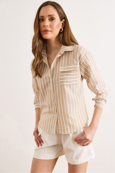Olalook Γυναικείο μπεζ ριγέ πουκάμισο με υφή και τσέπες GML-19001448