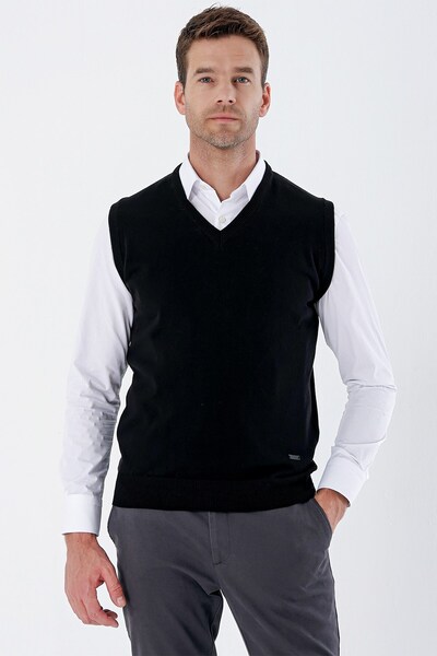 İmza Black V-Neck Pocketless Slim Fit Classic Wool Knitwear Sweater 1012255003