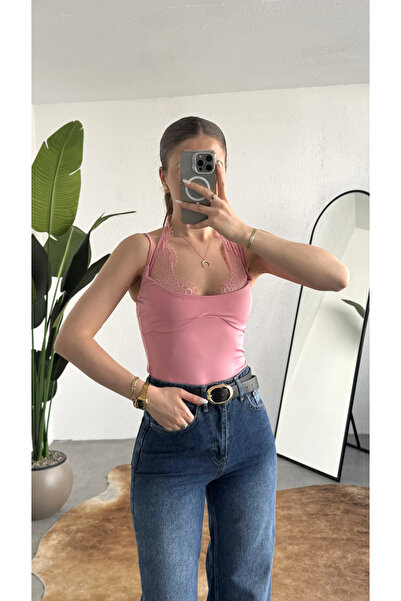 asfamoda Γυναικείο ροζ δαντελένιο κορμάκι ZR με λεπτομερή λουράκια – Λεπτό λο...