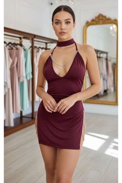 SiaLess Lingerie Rochie mini de noapte cu lanț pentru femei, cu șliț, cămașă de noapte elegantă
