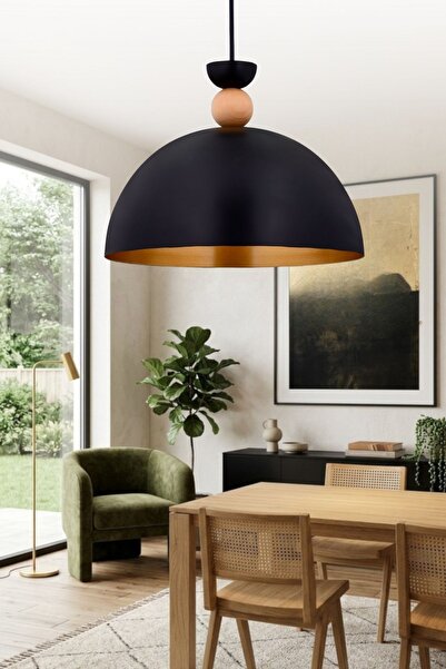 Şeflight Dome Sarkıt Avize Siyah Metal Ahşap Detaylı Modern Salon Mutfak Yeme...