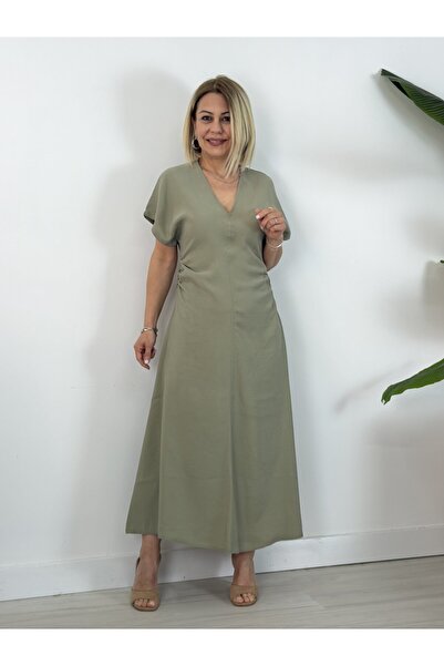 SİSTA MODA 5478 فستان من قماش التنسل بتصميم مطوي عند الخصر وياقة على شكل حرف V