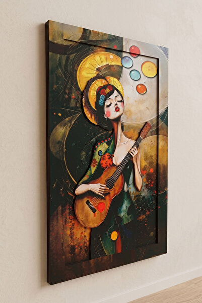 koaka Melos - Gitarlı Kadın Figürlü 3 Katmanlı Sanatsal Ahşap Duvar Tablosu 4...