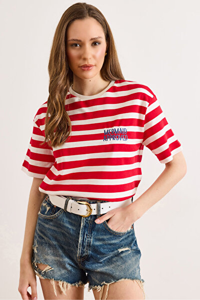 Olalook Γυναικείο κόκκινο κεντημένο μπλουζάκι με χοντρές ρίγες και χαλαρή εφα...