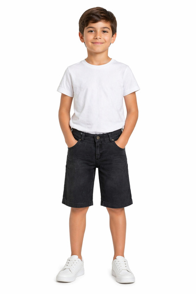 İrem Çocuk Giyim Boy's Crinkle Vintage Model Black Color Short Denim Shorts w...