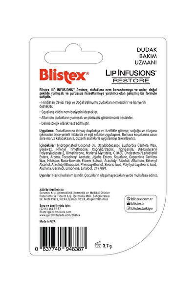 Blistex Lip Infusions Restore - Yenileyici, Yoğun Nemlendirici & Pürüzsüzleştirici Dudak Bakım Kremi, 3,7 g