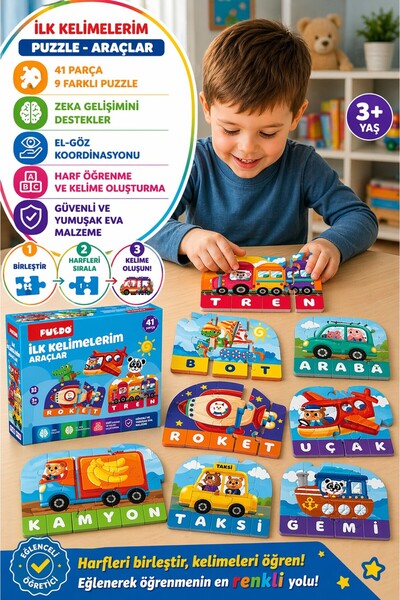 TOYFEST Puedo İlk Kelimelerim Araçlar Puzzle EVA Eğitici Oyuncak 3+ Harf Öğre...