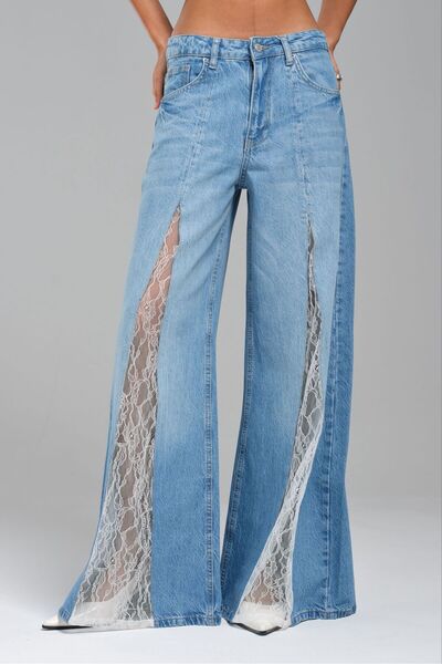 tw3 Γυναικείο τζιν με δαντέλα και λεπτομέρειες, με σκίσιμο και φαρδιά μπατζάκια