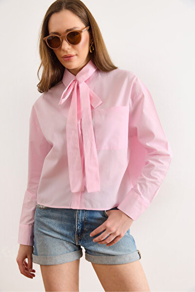 Olalook Γυναικείο ροζ βαμβακερό πουκάμισο με λεπτομέρεια στο λαιμό GML-19001446