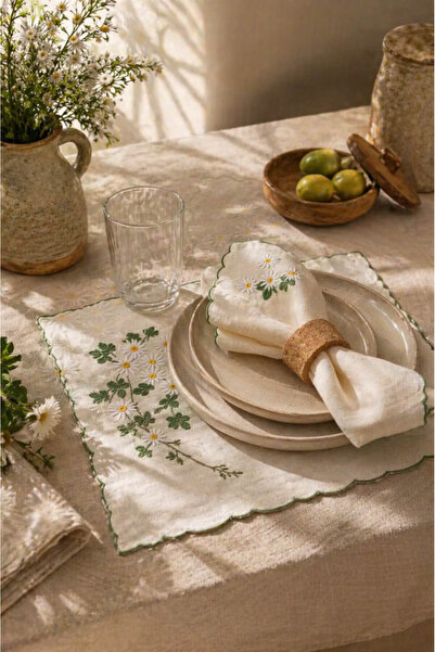 Anadolu Saray Σετ 12 τεμαχίων από λινό με κέντημα Daisy, αμερικάνικο σετ σερβ...