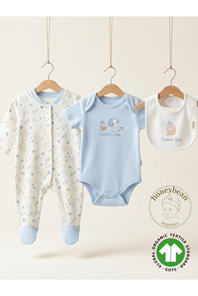 Honeybean %100 Organik Pamuk 3’lü Bebek Seti – Tulum, Body ve Önlük – GOTS Sertifikalı