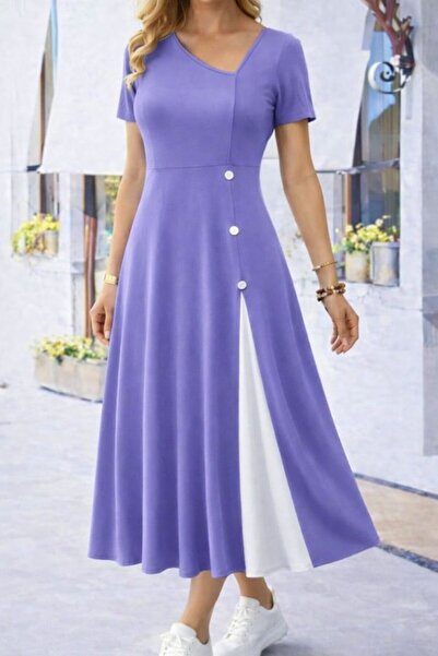 Wear Up Γυναικείο κοντομάνικο ασύμμετρο φόρεμα με λεπτομέρεια με κουμπιά και ...