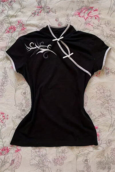 Karakedi Μαύρο κινέζικο γιακά με φλοράλ μοτίβο και λευκές ρίγες, vintage Y2K ...