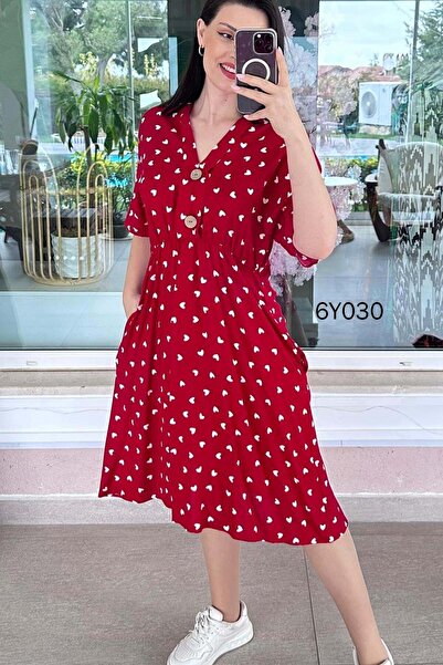 İnce Topuk Φόρεμα βισκόζης με λεπτομέρεια με κουμπιά σε σχήμα V 6y030