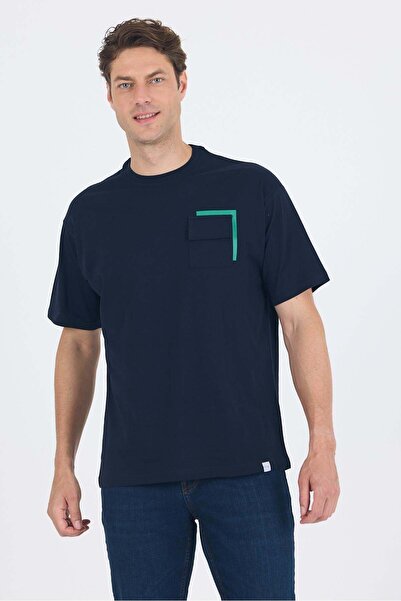 İmza Dark Navy Blue Short Sleeve Crew Neck Flap Pocket Cotton Casual Oversize...