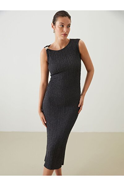 LC Waikiki Lcwaikiki Classic Anthracite Crew Neck Gathered Bodycon Dress