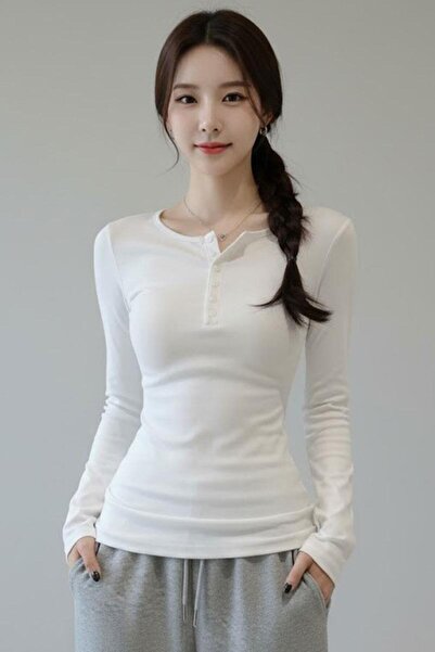 Karakedi Μακρυμάνικο μπλουζάκι Y2K με μισό γιακά με κουμπιά εκρού