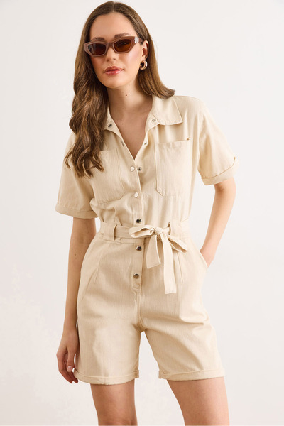 Olalook Γυναικεία Κρεμ Σορτς Τζιν με Ζώνη και Τσέπες TLM-19000172