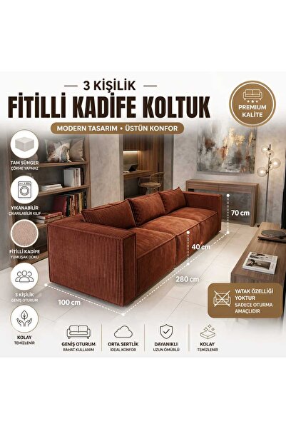 Model Concept Fitilli Kadife 3' lü Koltuk Tam sünger Rahat Oturum Modern Kane...