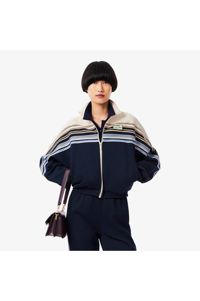 Lacoste Kadın Relaxed Fit Fermuarlı Çizgili Lacivert Sweatshirt